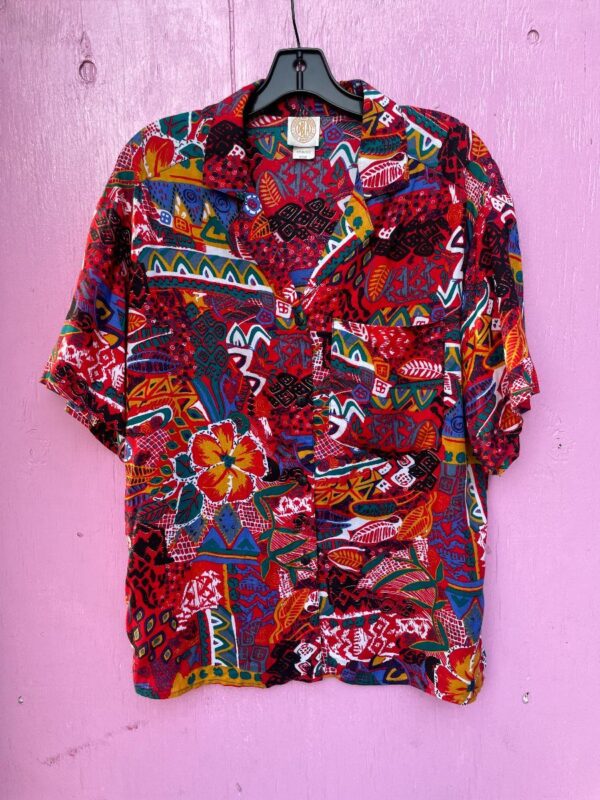 product details: 1980S TROPICAL RAYON ABSTRACT PRINT 2 PIECE BUTTON UP SHIRT AND SHORT SET photo