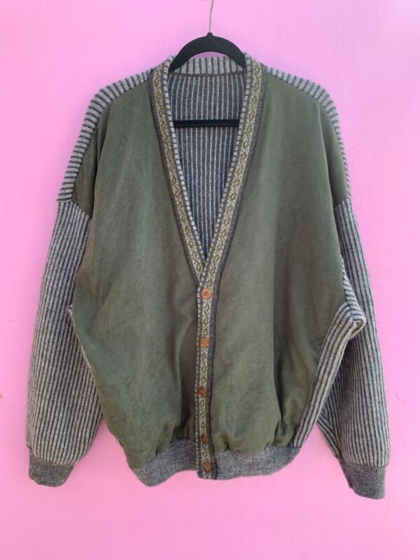 product details: 1990S MICROSUEDE PANELED STRIPED KNIT CARDIGAN JACKET photo
