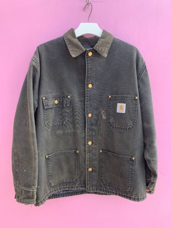 product details: FADED DISTRESSED CARHARTT BUTTON UP WORKWEAR JACKET W/ CORDUROY COLLAR AND WOOL LINING AS-IS photo