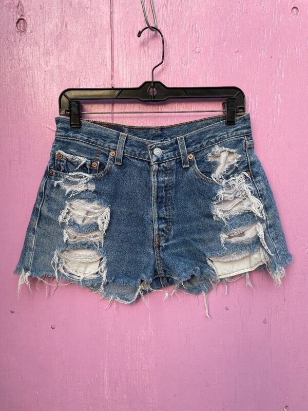 product details: 1990S CLASSIC LEVIS 501 BUTTON FLY HEAVY DISTRESSED INDIGO WASHED DENIM SHORTS photo