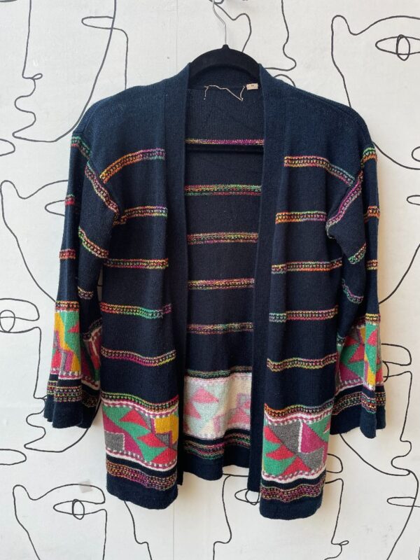 product details: OPEN FRONT GEOMETRIC STRIPE CARDIGAN W/ BELL SLEEVES photo
