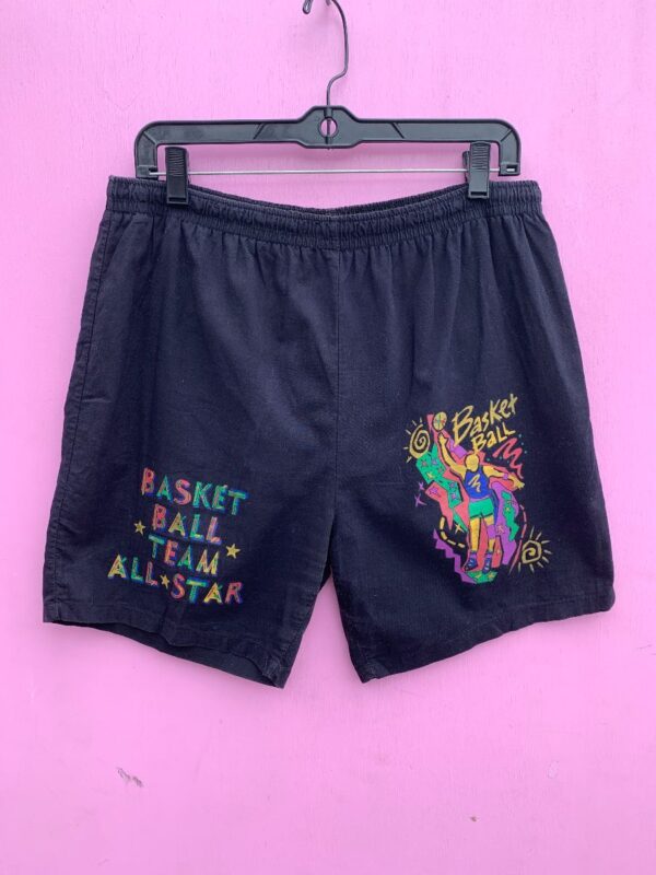 product details: 1990S DEADSTOCK GRAPHIC SWIM SHORTS W/ INNER MESH LINING BASKETBALL TEAM ALL STAR photo