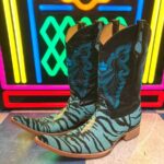 ZEBRA STRIPED STINGRAY & LEATHER COWBOY BOOTS W/ ROYAL BUTTERFLY EMBROIDERY