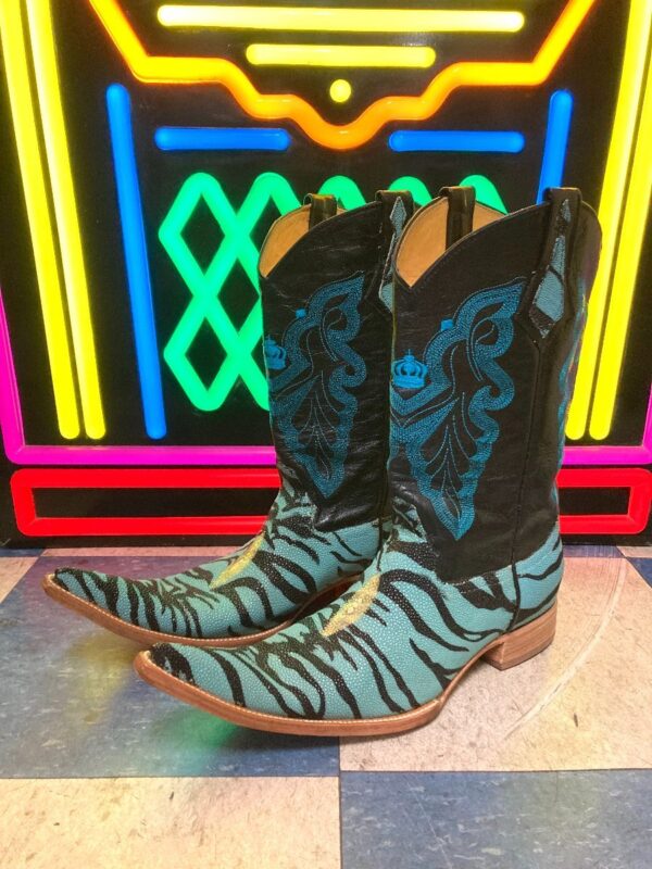 product details: ZEBRA STRIPED STINGRAY & LEATHER COWBOY BOOTS W/ ROYAL BUTTERFLY EMBROIDERY photo