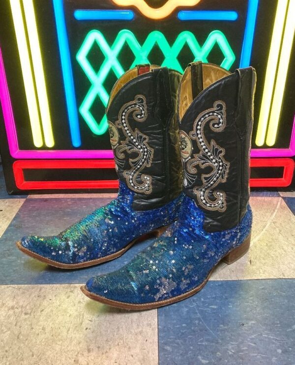 product details: CUSTOMIZED BLUE SEQUIN EMBELLISHED EMBROIDERED LEATHER COWBOY BOOTS POINTED TOE photo