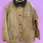 DISTRESSED THICK OVERSIZED BUTTON UP CHORE JACKET W/ CORDUROY COLLAR AND PLAID INNER LINING AS-IS