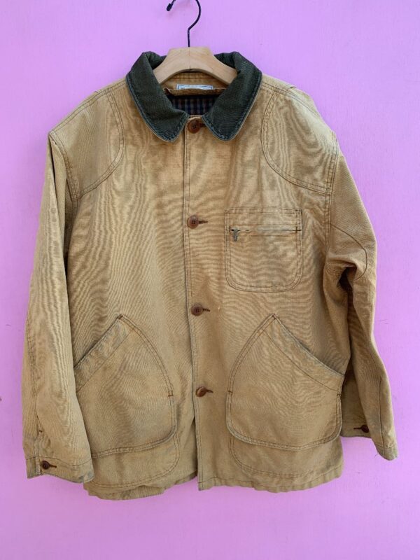 product details: DISTRESSED THICK OVERSIZED BUTTON UP CHORE JACKET W/ CORDUROY COLLAR AND PLAID INNER LINING AS-IS photo