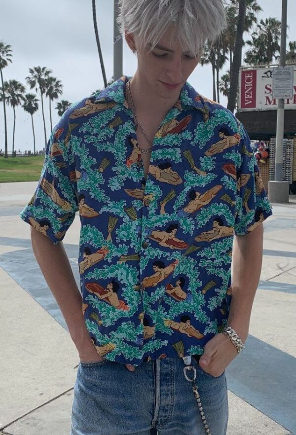 product details: RARE ALLOVER SURFER PRINT HAWAIIAN SHIRT COCONUT BUTTONS photo