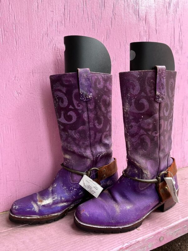 product details: CUSTOMIZED HAND PAINTED PURPLE GUCCI HARNESS BOOTS photo