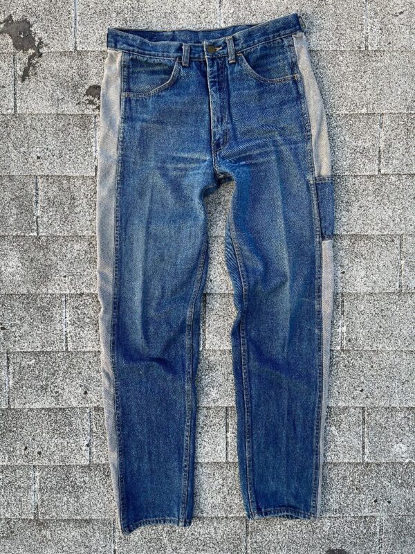 product details: AS-IS 1990S CONTRAST SIDE PANEL ZIP RELAXED FIT JEANS CARPENTER DETAILS photo