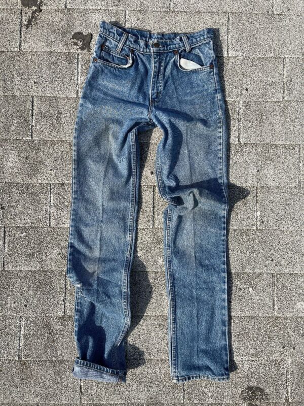 product details: AS-IS LEVIS 718 STUDENT ORANGE TAB TAPER LIGHT INDIGO WASH DENIM JEANS photo