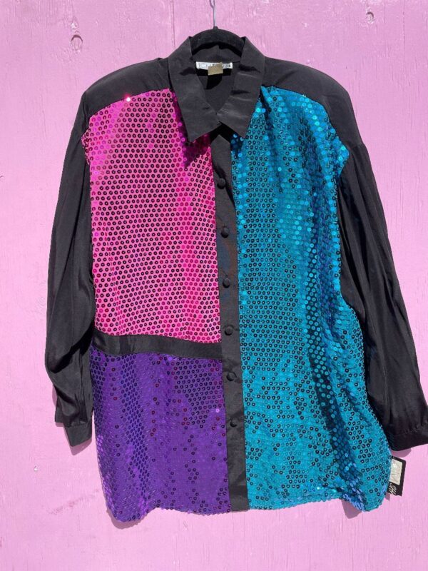 product details: 1990S COLOR BLOCK SEQUIN PANELED BLOUSE DEADSTOCK NWT photo