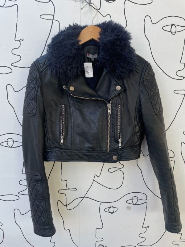 product details: SOFT LEATHER CROPPED MOTORCYCLE JACKET W/ QUILTED LEATHER PATCHES & FAUX FUR COLLAR photo