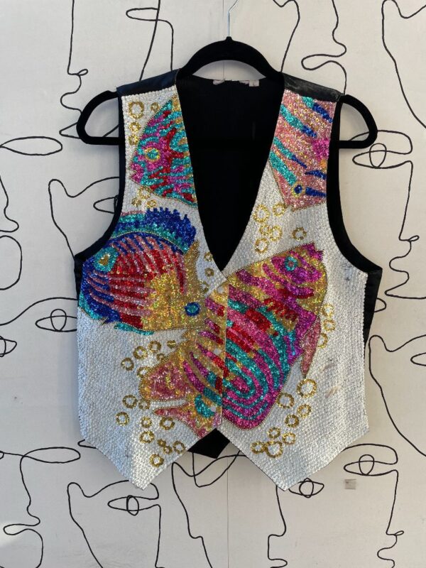 product details: AS-IS TROPICAL FISH DESIGN SNAP BUTTON FULLY SEQUINED WAISTCOAT VEST photo
