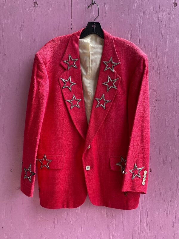 product details: CUSTOMIZED TEXTURED RAW SILK LINEN STYLE BLAZER STAR APPLIQUES photo