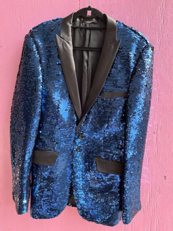 product details: STUNNING HEAVY BLUE FULLY SEQUINED BLAZER SATIN LAPELS photo