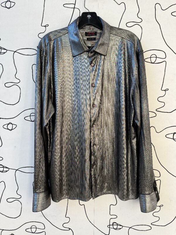 product details: KILLER METALLIC SILVER LONG SLEEVE BUTTON DOWN DISCO SHIRT photo