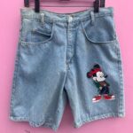 1990S LIGHT WASH DENIM SHORTS W/ PIMPED OUT MICKEY GRAPHIC AS-IS