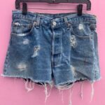 THRASHED 501 DENIM CUT OFF SHORTS LEVIS WITH SEWN IN SHEER LACE LINING