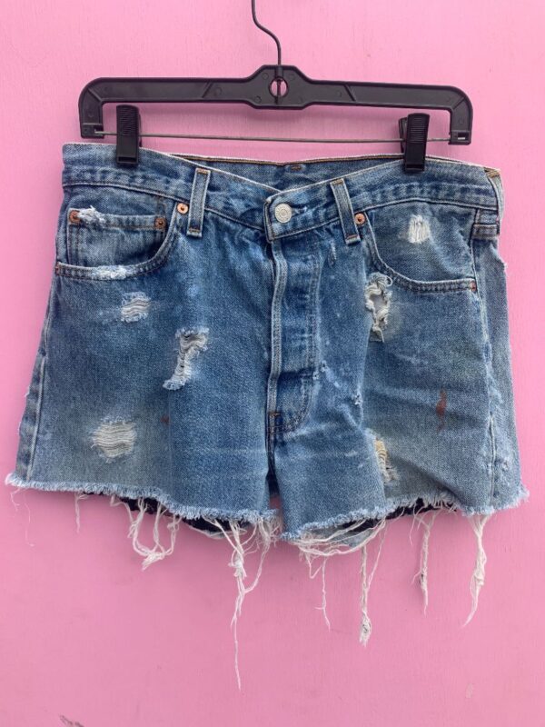 product details: THRASHED 501 DENIM CUT OFF SHORTS LEVIS WITH SEWN IN SHEER LACE LINING photo