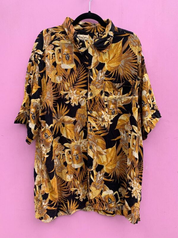 product details: PANAMA JACK BEER AND PALM TREE PRINT RAYON HAWAIIAN SHIRT photo