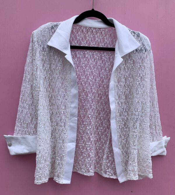 product details: 1990S GLITTERY GAUZE STRETCH LACE OPEN BLOUSE WITH SATIN TRIM / COLLAR photo