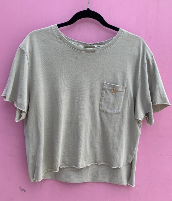 product details: CROP TOP POCKET TEE T-SHIRT WITH CUT SLEEVES AND SLIT ON SIDE photo