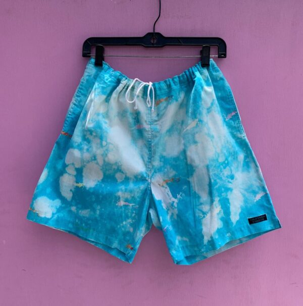 product details: BLEACHED SWIM SHORTS W/ DOLPHINS IN THE CLOUDS + 3 POCKETS AND UNDERWEAR LINER INSIDE photo