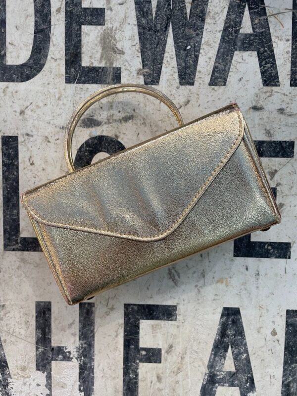 product details: RETRO GOLD STRUCTURED BOX PURSE DOUBLE SNAKE COIL HANDLES photo