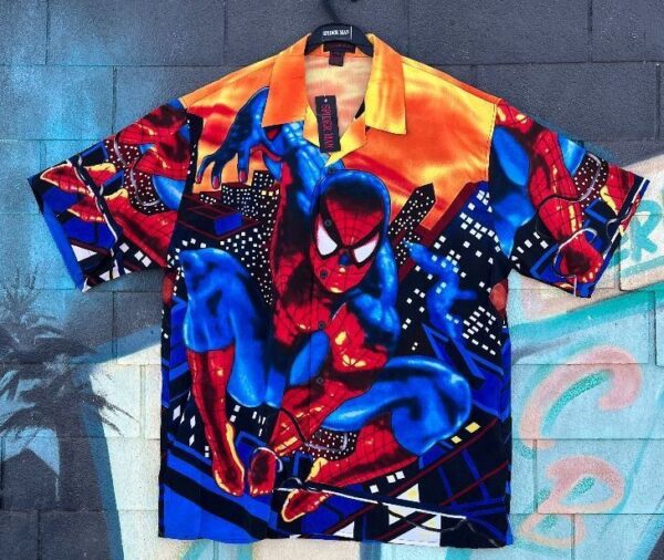 product details: DEADSTOCK 1990S Y2K  SPIDERMAN SUNSET CITY PRINT SS BD SHIRT NWT photo