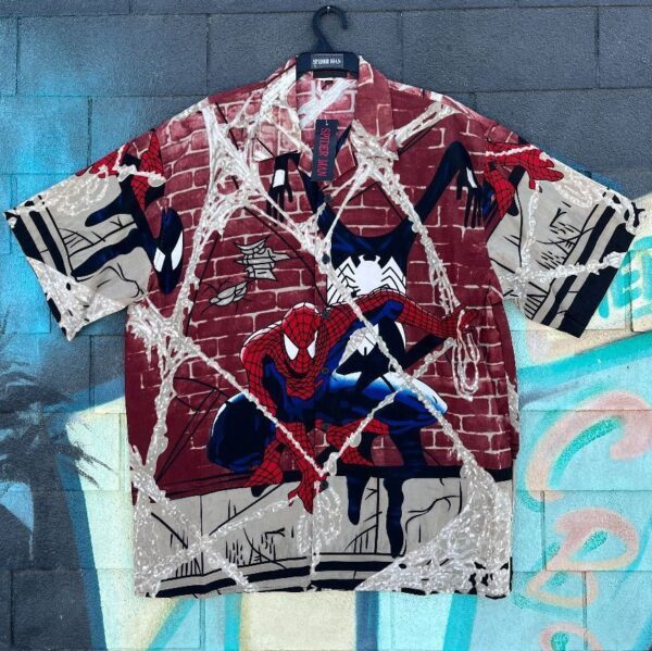 product details: DEADSTOCK 1990S Y2K SPIDERMAN BRICK BUILDING PRINT SS BD SHIRT NWT photo