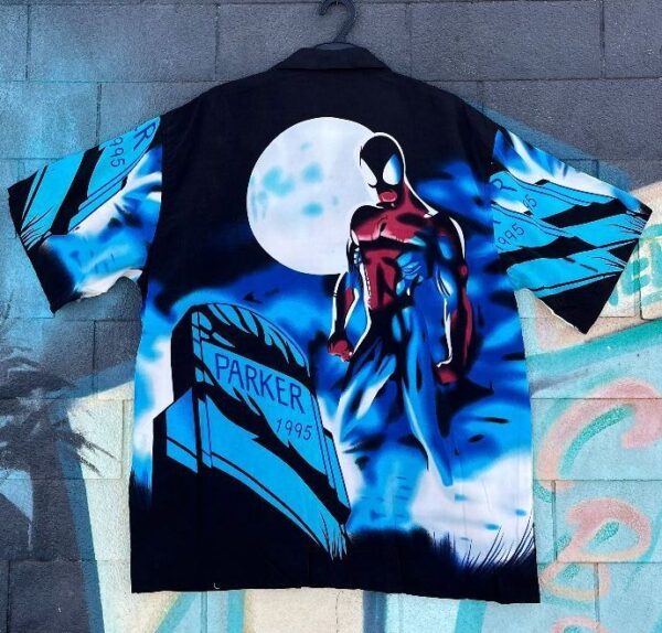 product details: DEADSTOCK 1990S Y2K  SPIDERMAN MIDNIGHT GRAVE PRINT SS BD SHIRT NWT photo
