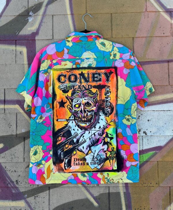 product details: AS-IS 1960S SHORT SLEEVE PASTEL HAWAIIAN SHIRT CUSTOM PAINTED CONEY ISLAND BACK GRAPHIC photo
