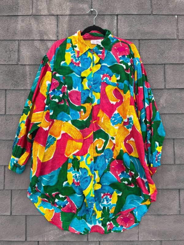 product details: 1990S OVERSIZED PAPER THIN FLORAL PRINTED LONG SLEEVE BUTTON DOWN BLOUSE photo