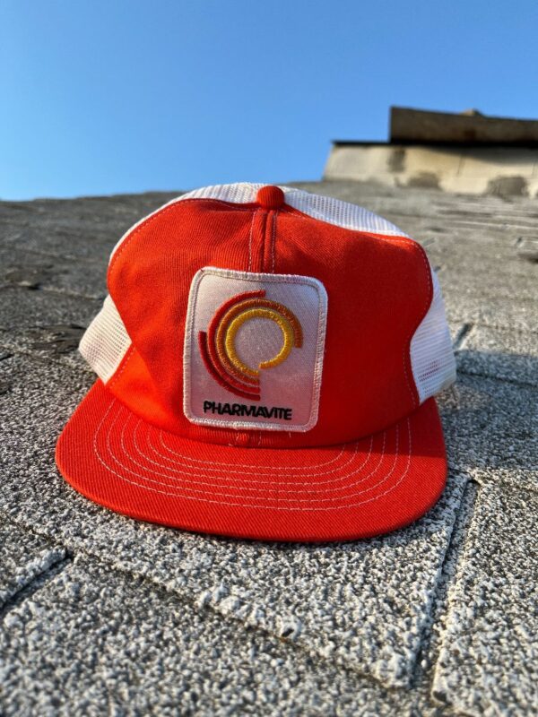 product details: RETRO 70S PHARMATIVE EMBROIDERED PATCH ON MESH SNAPBACK TRUCKER HAT photo