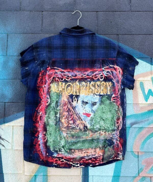 product details: MORISSEY CUSTOM HAND PAINTED SILK SCREEN GRAPHIC ON BUTTON UP PLAID SLEEVELESS SHIRT photo