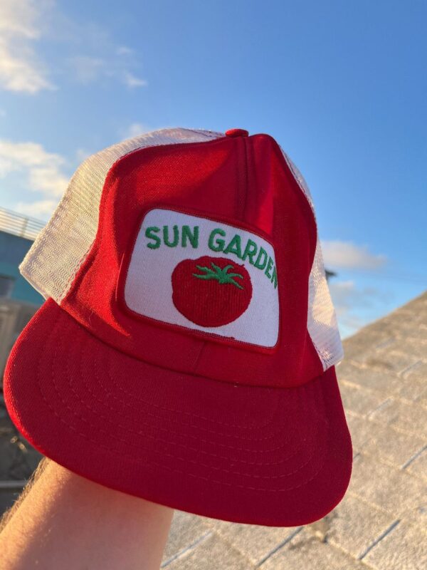 product details: AS-IS SUN GARDEN TOMATO EMBROIDERED PATCH ON MESH SNAPBACK TRUCKER HAT photo