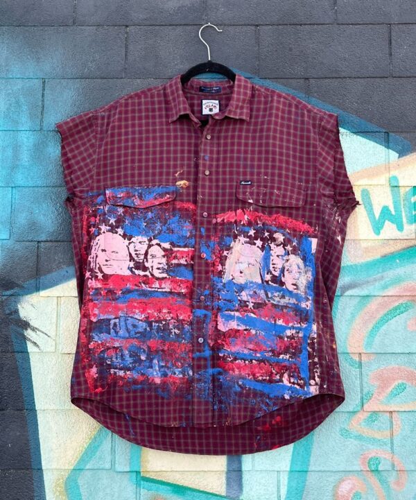 product details: NIRVANA CUSTOM HAND PAINTED SILK SCREEN GRAPHIC ON BUTTON UP PLAID SLEEVELESS SHIRT photo