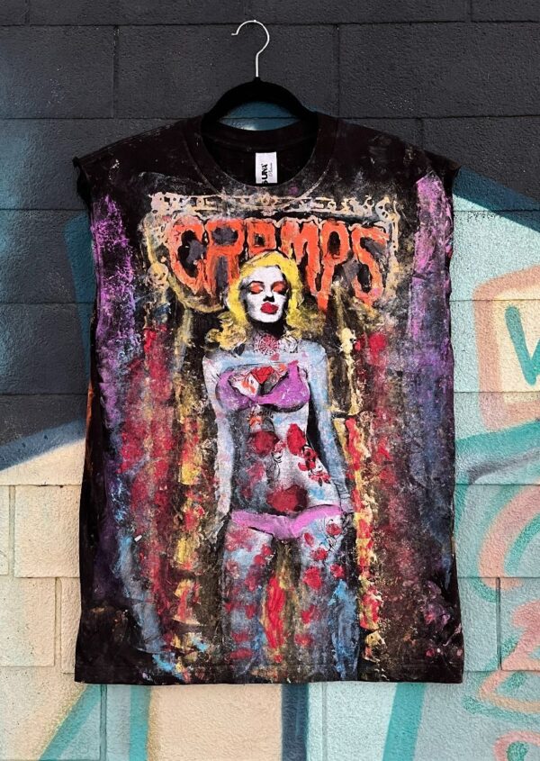product details: THE CRAMPS CUSTOM HAND PAINTED SILK SCREEN GRAPHIC ON SLEEVELESS T-SHIRT photo