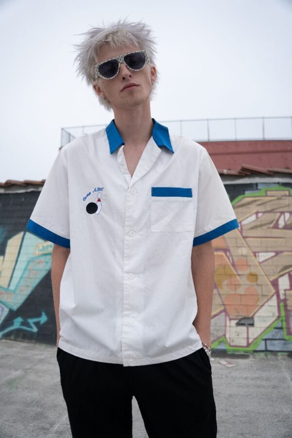 product details: RETRO 1980S COTTON COLOR BLOCK BOWLING SHIRT EMBROIDERED CAMP ABC photo