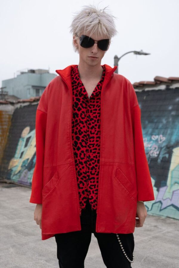 product details: KILLER 1980S-90S WOOL TRIMMED RED LEATHER JACKET LONGER CUT photo