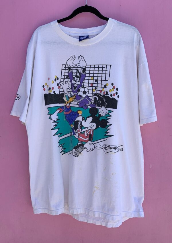 product details: THE DISNEY CLUB SOCCER SHIRT SINGLE STITCH W/ MICKEY, DONALD DUCK, GOOFY GRAPHIC AND RAD NEON SHAPE DESIGN ON BACK photo