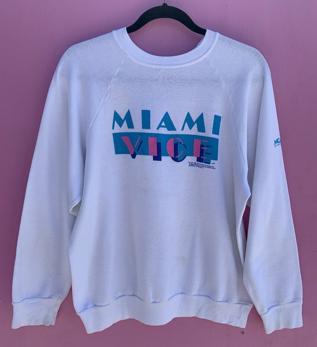Rad 1980s Miami Vice Crewneck Sweatshirt With Broadway Style Font  Boardwalk Vintage