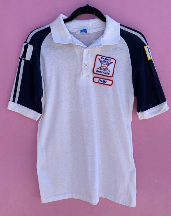 product details: RETRO 1981 ADIDAS SOFTBALL PATCHED SPORTS POLO SHIRT WITH SLEEVE STRIPES photo