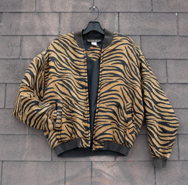 product details: 1990S PUFFY TIGER STRIPED SILK BOMBER JACKET AS-IS photo
