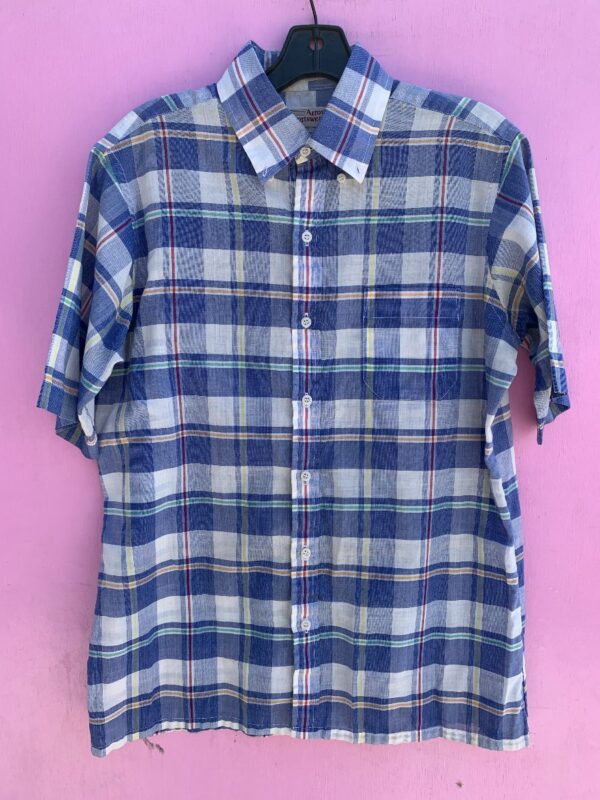 product details: RETRO SHEER PRIMARY COLORED PLAID SHORT SLEEVE SINGLE STITCH BUTTON UP SHIRT photo
