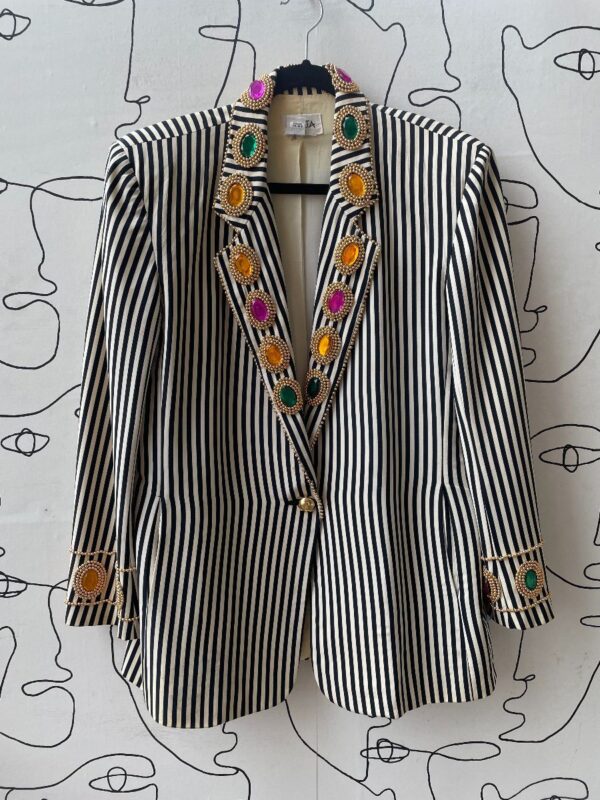 product details: SILKY VERTICAL STRIPED BLAZER W/ BEADED JEWELED LAPEL AND CUFFS photo