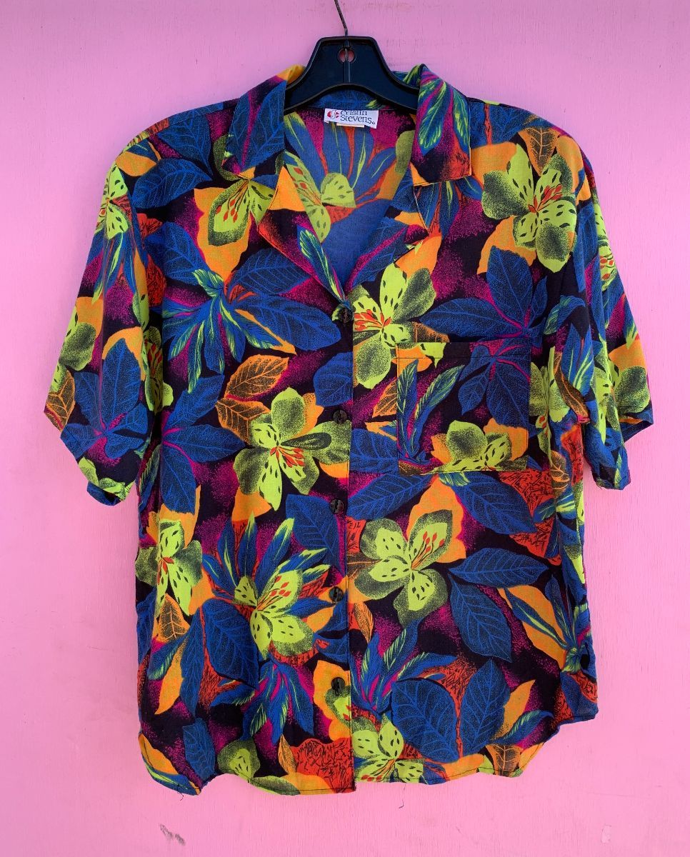 Neon Hawaiian Short Sleeve Button Up Rayon Shirt W/ Camp Collar ...