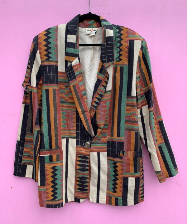 product details: AS-IS 1990S TRIBAL PRINT BLAZER W/ SHOULDER PADS photo