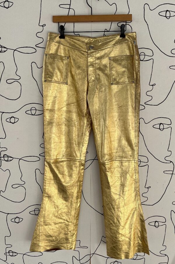 product details: AS-IS Y2K CRAZY METALLIC GOLD LEATHER FLARED BUTTON UP PANTS photo